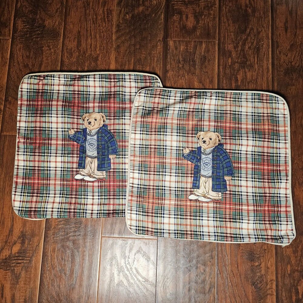 Ralph Lauren 100% Cotton Polo Bear Plaid  Throw Pillow Cover 18x18" Rare